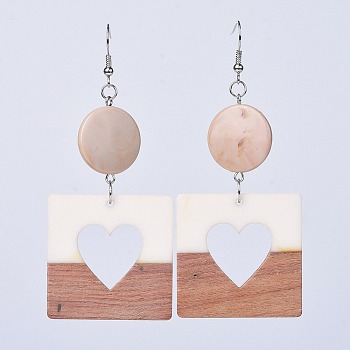 Resin & Wood Dangle Earrings, with Platinum Tone Brass Earring Hooks and Acrylic Beads, Square and Flat Round, BurlyWood, 90mm, Pendant: 38x38x4mm, Pin: 0.7mm