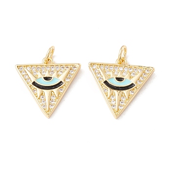 Brass Micro Pave Cubic Zirconia Pendants, with Jump Rings and Enamel, Cadmium Free & Lead Free, Real 18K Gold Plated, Long-Lasting Plated, Triangle with Eye, Pale Turquoise, 17x17x2mm, Hole: 3mm