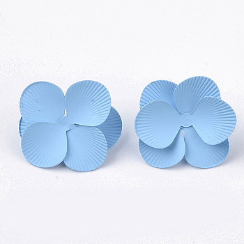 Spray Painted Iron Stud Earring Settings, with Earring Backs/Ear Nuts, Flower, Deep Sky Blue, 30x29~30x11mm, Pin: 1mm