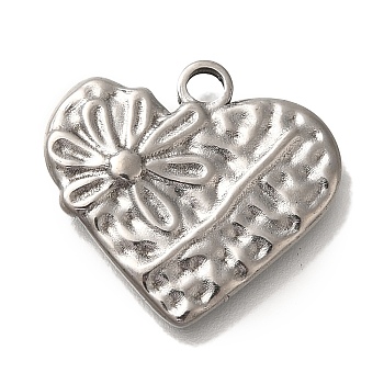 304 Stainless Steel Pendants, Heart with Flower Charm, Antique Silver, 18.5x20x2mm, Hole: 2.3mm