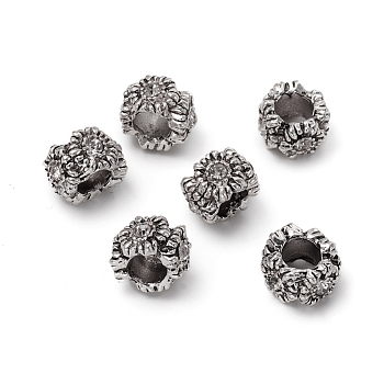Antique Silver Plated Alloy European Beads, Large Hole Beads, with Rhinestone, Rondelle, Crystal, 9~10x6.5mm, Hole: 4.5mm