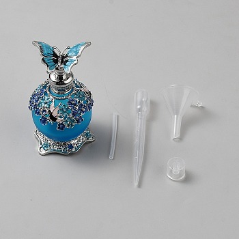 Glass with Zinc Alloy Perfume Bottles, with Cap, Round with Butterfly & Flower Pattern, Dark Turquoise, 4.55x8.05cm, Capacity: 25ml(0.85fl. oz)