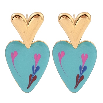 304 Stainless Steel Stud Earrings for Women, with Enamel, Heart, Golden, Turquoise, 29x16mm