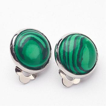 Synthetic Malachite Brass Clip-on Earrings, Flat Round, Teal, 14x10mm