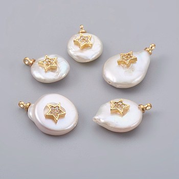 Natural Cultured Freshwater Pearl Pendants, with Cubic Zirconia and Brass Findings, Long-Lasting Plated, Star, Real 18K Gold Plated, 14~21x9~16x5~9mm, Hole: 1.5mm