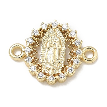 Rack Plating Brass Micro Pave Clear Cubic Zirconia Religion Virgin Mary Connector Charms, Long-Lasting Plated, Lead Free & Cadmium Free, Real 18K Gold Plated, 12x16x2.8mm, Hole: 1.6mm