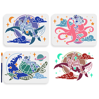 US 1 Set Sea Animals PET Hollow Out Drawing Painting Stencils, for DIY Scrapbook, Photo Album, with 1Pc Art Paint Brushes, Mixed Shapes, 210x297mm, 3pcs/set