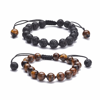 8mm Round Natural Tiger Eye & Lava Rock Braided Beads Bracelets Set, Bracelets for Men Women, Black, Inner Diameter: 2-1/8~3-1/2 inch(5.3~8.8cm), 2pcs/set