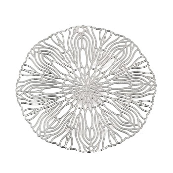 304 Stainless Steel Pendants, Flat Round with Leaf Charms, Etched Metal Embellishments, Stainless Steel Color, 39x0.3mm, Hole: 1.4mm