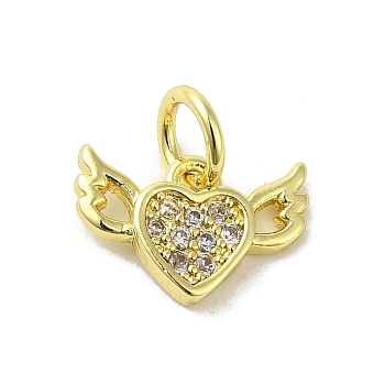 Real 18K Gold Plated Brass Pave Cubic Zirconia Pendants, with Jump Rings, Heart, Clear, 7.5x11x1.8mm, Hole: 3mm