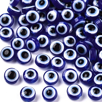 Resin Beads, Flat Round, Evil Eye, Dark Blue, 7.5~8x5~6mm, Hole: 1.8~2mm