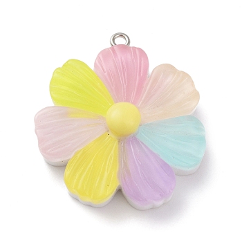 Opaque Resin Pendants, Flower Charms with Platinum Tone Iron Loops, Colorful, 36x32x10mm, Hole: 2mm