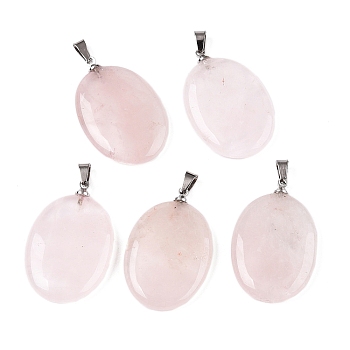 Natural Rose Quartz Pendants, Flat Oval Charms with Metal Snap on Bails, Platinum, 34~34.5x22x5~5.5mm, Hole: 2.5x5.5mm