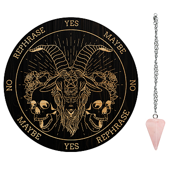 AHADEMAKER Dowsing Divination Supplies Kit, Including PVC Plastic Pendulum Board, 304 Stainless Steel Cable Chain Necklaces, Cone/Spike Natural Rose Quartz Stone Pendants, Skull Pattern, Board: 200x4mm