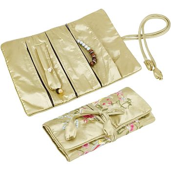 Embroidery Silk Zipper Roll Bags, with Drawstring Rope, for Jewelry Storage, Flower Pattern, Yellow Green, 28x20x0.4cm