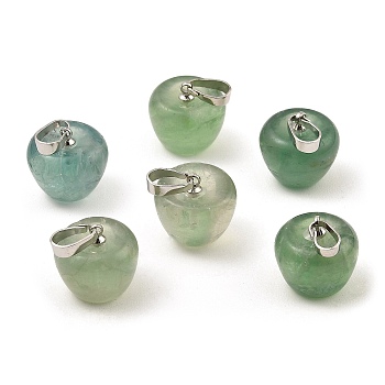 Natural Green Fluorite Teacher Apple Charms, with Platinum Plated Brass Snap on Bails, 14.5x14mm, Hole: 6.5x4mm