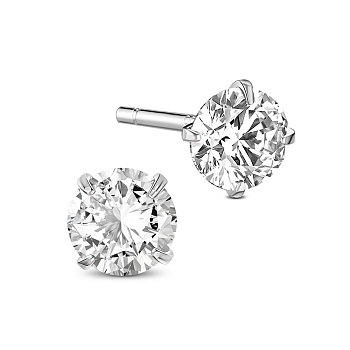 SHEGRACE Rhodium Plated 925 Sterling Silver Four Pronged Ear Studs, with AAA Cubic Zirconia and Ear Nuts, Clear, 7mm