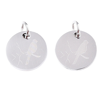 Non-Tarnish 201 Stainless Steel Charms, with Jump Rings, Flat Round with Bird, Stainless Steel Color, 12x1mm, Hole: 3mm