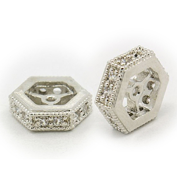 Brass Cubic Zirconia Beads, Hexagon, Platinum, 6x6x2mm, Hole: 2mm