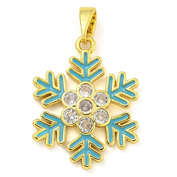 Christmas Theme, Brass Enamel Pendants with Jump Rings and Cubic Zirconia, Snow/Heart/Gift/Christmas Trees, Snowflake, 23x18x2.5mm, Hole: 3x5mm