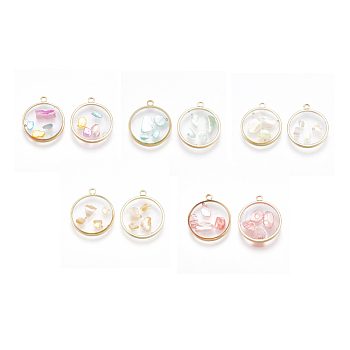 Epoxy Resin Pendants, with Shell Inside and Brass Findings, Flat Round, Light Gold, Mixed Color, 18.5x16x2~3mm, Hole: 1.5mm