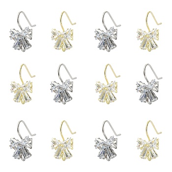 12Pcs 2 Colors Brass Micro Pave Clear Cubic Zirconia Earring Hooks, with Loop, Bowknot, Platinum & Golden, 19x11mm, Hole: 2.5mm, 21 Gauge, Pin: 0.7mm, 6pcs/color