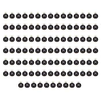 Alloy Enamel Pendants, Flat Round with Constellation, Light Gold, Black, Pisces, 15x12x2mm, Hole: 1.5mm, 100pcs/Box