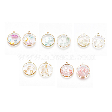 Light Gold Mixed Color Flat Round Brass+Epoxy Resin Pendants