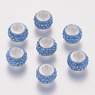 304 Stainless Steel European Beads, with Polymer Clay Rhinestone, Large Hole Beads, Rondelle, Light Sapphire, 11x7.5mm, Hole: 5mm(CPDL-E045-A13)