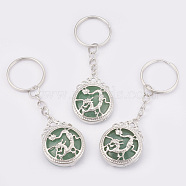 Natural Green Aventurine Keychain, with Iron Key Rings, Flat Round with Dragon, Platinum, 80mm, Pendant: 34.5x26x8.5mm(KEYC-P041-C016)