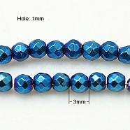 Non-Magnetic Synthetic Hematite Beads Strands, Color Plated, Faceted, Round, Blue Plated, 3mm, Hole: 1mm(G-C018-3mm)