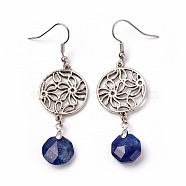 Natural Lapis Lazuli Dangle Earrings, with Brass Pins and Alloy Pendants, Flat Round with Flower, 62mm, Pendant: 45x20mm, Pin: 0.6mm(EJEW-I225-A01)
