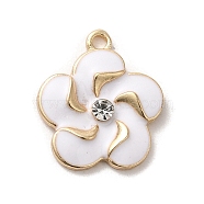 Flower Alloy Enamel Pendants, with Rhinestone, Light Gold, White, 18x15.5x3mm, Hole: 1.5mm(ENAM-A007-03KCG-01)