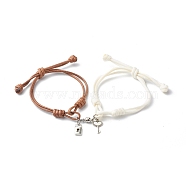 Adjustable Korean Waxed Polyester Cord  Bracelets, with Tibetan Style Alloy Pendants and Round Brass Magnetic Clasps, Padlock & Skeleton Key, Mixed Color, Inner Diameter: 1-1/4~2-3/8 inch(3.1~6cm), 2pcs/set(BJEW-TA00001)