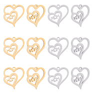 201 Stainless Steel Charms, Heart with Word Mom, for Mother's Day, Golden & Stainless Steel Color, 15x15x1mm, Hole: 1.2mm, 2 colors, 6pcs/color, 12pcs/box(STAS-UN0019-50)