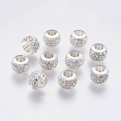 304 Stainless Steel European Beads, with Polymer Clay Rhinestone, Large Hole Beads, Rondelle, Crystal AB, 11x7.5mm, Hole: 5mm(CPDL-E045-A10)