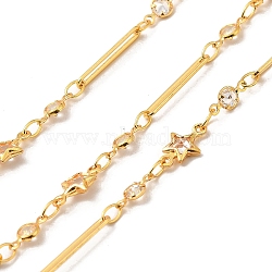 Handmade Brass Link Chain, with Glass Links, Soldered, with Spool, Star, Real 18K Gold Plated, 3.5x2x0.1mm and 15x2.5x0.9mm and 8x3.5x1.5mm and 10x5.5x2.5mm, about 16.40 Feet(5m)/Roll(CHC-E028-09G)