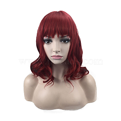 Curly Short Bob Wig with Bangs, Shoulder Length Wigs, High Temperature Fiber, Synthetic Wigs for Women, Dark Red, 16.5 inches(42cm)(OHAR-L010-002A)