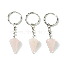 Natural Rose Quartz Cone Pendant Keychain, with Platinum Tone Brass Findings, for Bag Jewelry Gift Decoration, 8cm(G-Z033-01T-P)