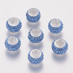 304 Stainless Steel European Beads, with Polymer Clay Rhinestone, Large Hole Beads, Rondelle, Light Sapphire, 11x7.5mm, Hole: 5mm(CPDL-E045-A13)