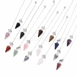 Natural & Synthetic Mixed Stone Hexagonal Pointed Dowsing Pendulums, with Platinum Plated Brass Findings, Life of Flower & Cone, 240x2x0.1mm(G-A024-D)