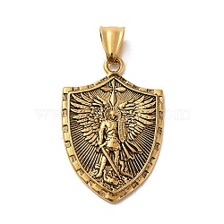 304 Stainless Steel Pendants, Shield with Angel Warrior Charm, Antique Golden, 47x26x2mm, Hole: 9X4mm(STAS-D091-08AG)