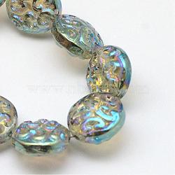 Electroplate Glass Beads Strands, Rainbow Plated, Flat Round, Marine Blue, 13.5x5mm, Hole: 1.5mm, about 47pcs/strand, 24 inch(EGLA-Q063-04)