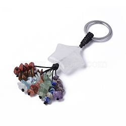 Natural Quartz Crystal Star with Mixed Gemstone Chips Beaded Tassel Keychains, with 304 Stainless Steel Ring Clasps, 9.5~10cm(KEYC-P012-01P-09)