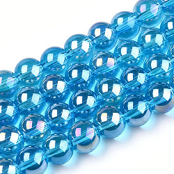 Electroplate Transparent Glass Beads Strands, AB Color Plated, Round, Deep Sky Blue, 8~8.5mm, Hole: 1.5mm, about 51~53pcs/strand, 14.96 inch~15.55 inch(38~39.7cm)(GLAA-T032-T8mm-AB06)