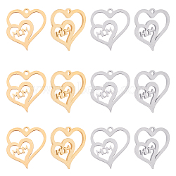 201 Stainless Steel Charms, Heart with Word Mom, for Mother's Day, Golden & Stainless Steel Color, 15x15x1mm, Hole: 1.2mm, 2 colors, 6pcs/color, 12pcs/box(STAS-UN0019-50)