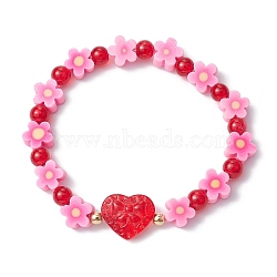 Handmade Flower Polymer Clay Stretch Bracelets, Crackle Glass Heart Beaded Bracelets for Women, Pearl Pink, Inner Diameter: 2-1/8 inch(5.3cm)(BJEW-JB09825-02)