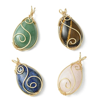 Natural Mixed Gemstone Copper Wire Wrapped Pendants, Teardrop Charms, Golden, 34~38x18~20x8~9mm, Hole: 2.5~4.5x2.8~3.5mm