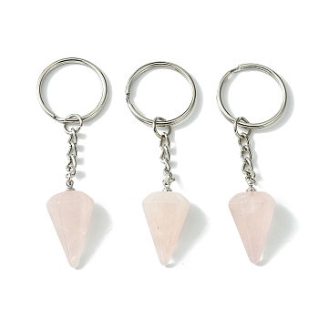 Natural Rose Quartz Cone Pendant Keychain, with Platinum Tone Brass Findings, for Bag Jewelry Gift Decoration, 8cm