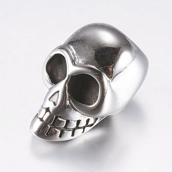 316 Surgical Stainless Steel Cord End Caps, Skull, Antique Silver, 19x12.5x12.5mm, Hole: 6mm